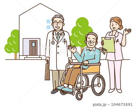 医者と女性看護師と車椅子に乗ったシニア男性と家 医者と女性看護師と車椅子に乗ったシニア男性と家 104673891
