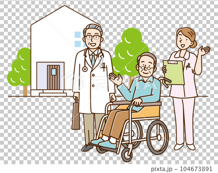医者と女性看護師と車椅子に乗ったシニア男性と家 医者と女性看護師と車椅子に乗ったシニア男性と家 104673891