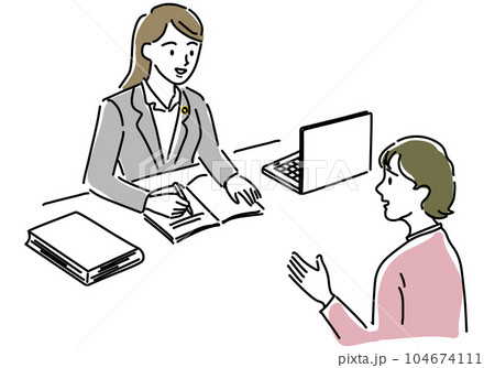 相談する女性と女性弁護士のシンプル線画イラスト 相談する女性と女性弁護士のシンプル線画イラスト 104674111