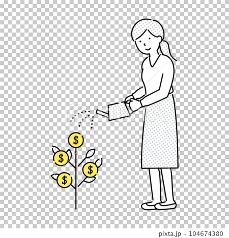 お金（$）のなる木に水やりをする女性のベクターイラスト 104674380