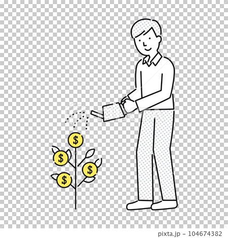 一個人給金錢樹澆水的矢量圖 一個人給金錢樹澆水的矢量圖 104674382