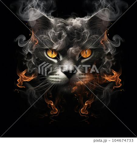 Image of a cat face with fire smoke on black background. Pet, Animals. Illustration, Generative AI. Image of a cat face with fire smoke on black background. Pet, Animals. Illustration, Generative AI. 104674733