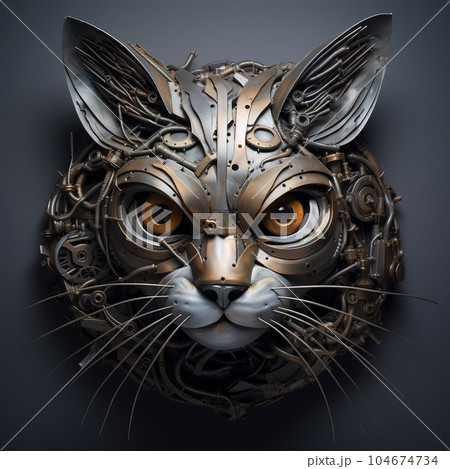 Image of cat face made with steel and various metals on clean background. Pet, Animals. Illustration, Generative AI. 104674734