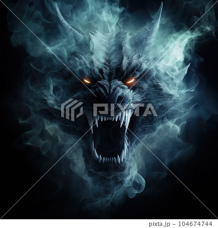 Image of an angry dragon face with fire smoke on black background. Mythical creatures. Illustration, Generative AI. 104674744