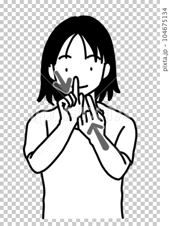 年輕女子 2 用手語說“很高興見到你”(短髮、T 卹、正面圖、黑白) 年輕女子 2 用手語說“很高興見到你”(短髮、T 卹、正面圖、黑白) 104675134