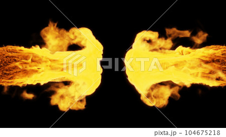 Tongues of flame from two sides on a black background. 3d illustration.  104675218
