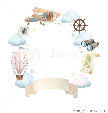 Watercolor illustration of wreath with flying vehicles and travel attributes. Airship, retro plane, hot air balloon, binoculars, steering wheel, clouds, compass, map, vintage paper 104675281