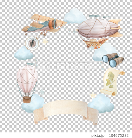 Watercolor illustration of wreath with flying vehicles and travel attributes. Airship, retro plane, hot air balloon, binoculars, steering wheel, clouds, compass, map, vintage paper 104675282