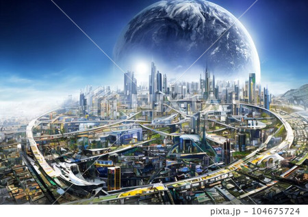 未来都市の彼方に輝く巨大な惑星のイラスト素材 [104675724] - PIXTA