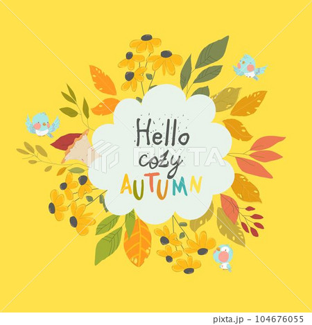 Autumn Wreath of Colorful Leaves, Flowers, Mushroom 104676055