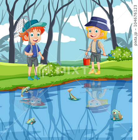 Kids Cartoon Characters Exploring Pond in Forest Scene 104676123