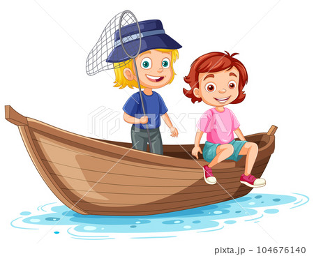 Two girl fishing on a wooden boat 104676140