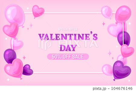 Valentine day sale balloon heart frame banner flat. Special offer holiday price flyer signboard cartoon style purple pink soft cute background love banner web poster brochure ads greeting card Valentine day sale balloon heart frame banner flat. Special offer holiday price flyer signboard cartoon style purple pink soft cute background love banner web poster brochure ads greeting card 104676146