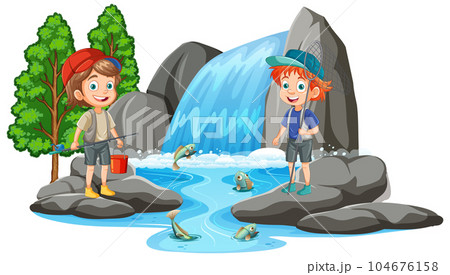 Two Kids in Waterfall Scene Two Kids in Waterfall Scene 104676158