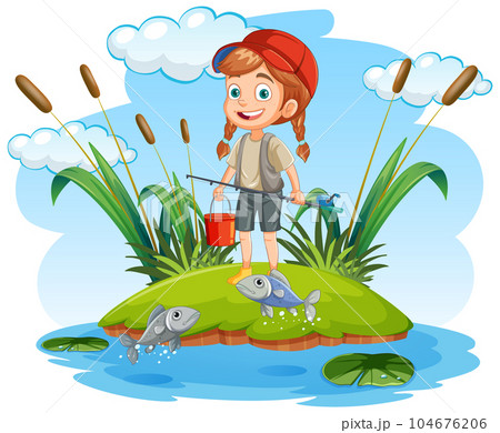Cartoon Girl Fishing in the Pond 104676206