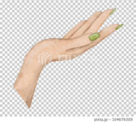 Beautiful elegant female hand with green manicure. Human body fragment. Hand drawn watercolor illustration isolated on background. Design element for card, invitation, poster, brochure 104676389