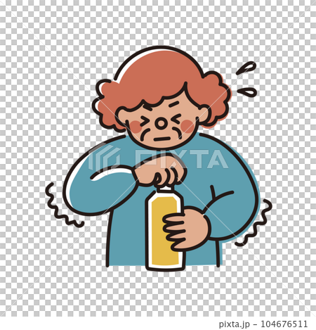 一位無法打開塑料瓶蓋的老年婦女的插圖 104676511