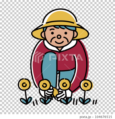 Illustration of an elderly woman tending a flower bed Illustration of an elderly woman tending a flower bed 104676515