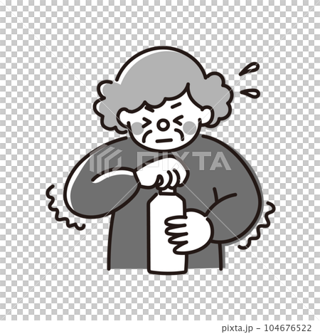 ペットボトルの蓋を開けられない高齢女性のモノクロイラスト ペットボトルの蓋を開けられない高齢女性のモノクロイラスト 104676522