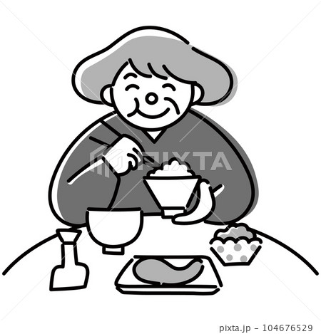 笑顔で食事をする高齢女性のモノクロイラスト 笑顔で食事をする高齢女性のモノクロイラスト 104676529