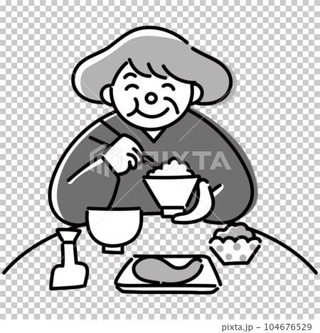 笑顔で食事をする高齢女性のモノクロイラスト 笑顔で食事をする高齢女性のモノクロイラスト 104676529