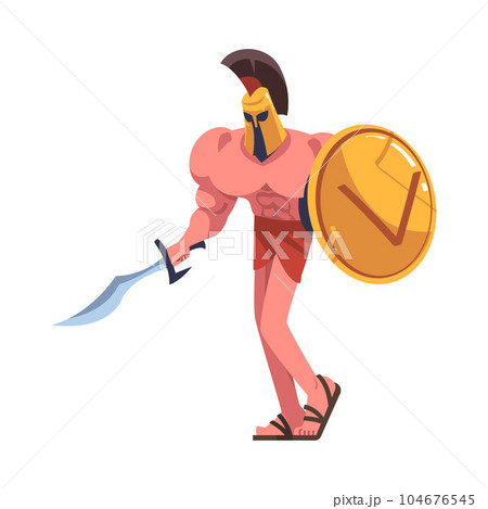 Man Spartan Soldier or Warrior in Helmet with Sword and Shield Vector Illustration 104676545