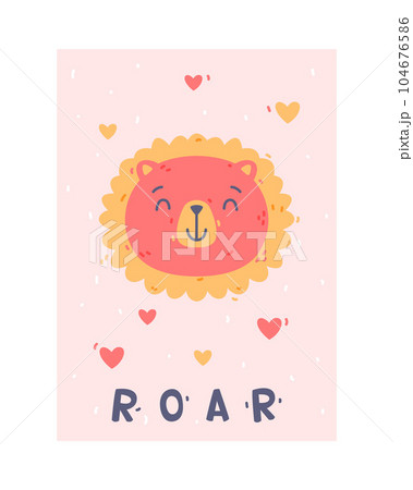 Cute Pink Kids Poster and Nursery Print Design with Lion Vector Illustration 104676586