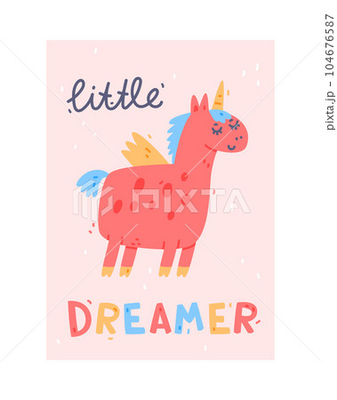 Cute Pink Kids Poster and Nursery Print Design with Unicorn Vector Illustration 104676587