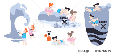 Little Children Swimming in Sea in Dangerous Situation with Big Wave Vector Set Little Children Swimming in Sea in Dangerous Situation with Big Wave Vector Set 104676649
