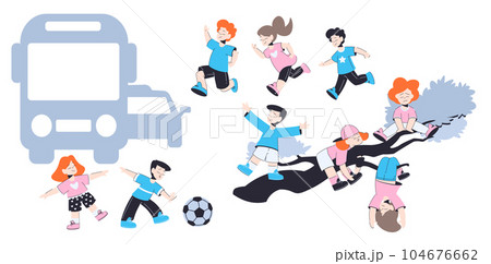 Happy Little Children Running, Playing Ball at Traffic Road and Sitting on Branch Having Fun Vector Set 104676662