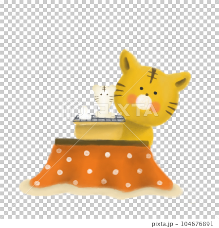 Hand-drawn illustration of a tiger baking rice cakes on a kotatsu 104676891