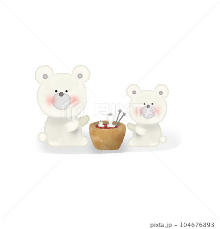 火鉢でお餅を焼くシロクマの親子のイラスト 火鉢でお餅を焼くシロクマの親子のイラスト 104676893