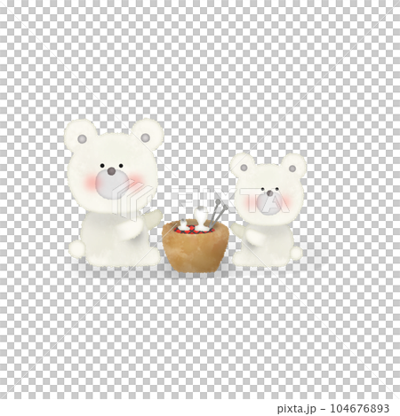 火鉢でお餅を焼くシロクマの親子のイラスト 火鉢でお餅を焼くシロクマの親子のイラスト 104676893