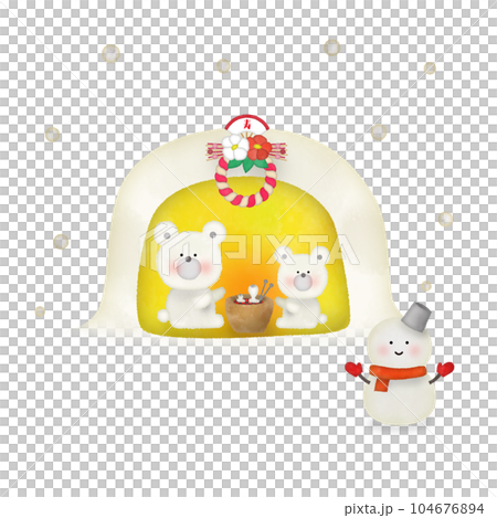 Illustration of a bear parent and child baking mochi in a kamakura Illustration of a bear parent and child baking mochi in a kamakura 104676894