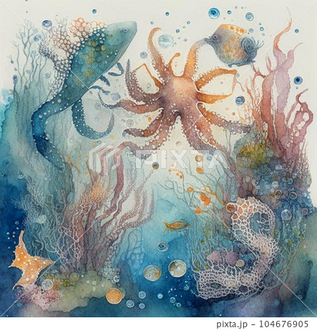 Underwater background with various sea views in watercolor style. Underwater scene. Underwater background with various sea views in watercolor style. Underwater scene. 104676905