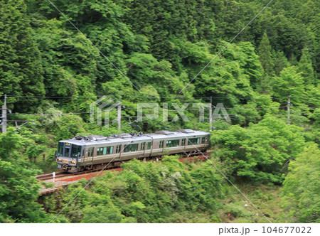 新緑の篠山川に沿って走る福知山線の223系電車 104677022