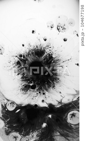 Ink stains. Dark water splash. Black liquid explosion wet oil swirl abstract background watercolor spatters illustration with copy space. 104677198