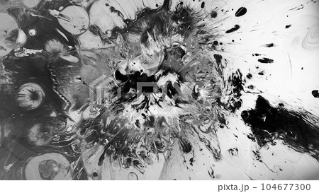 Fluid splash. Water splatter. Dirty liquid swirls mud oil spreading wet dark stain grunge abstract illustration black and white background. 104677300