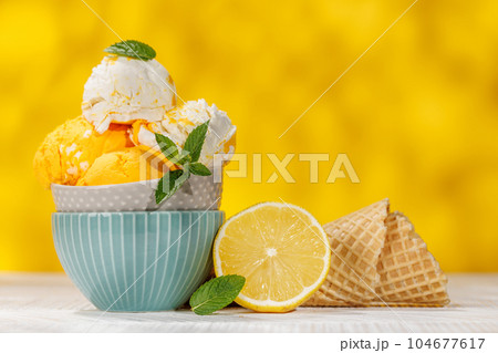 Refreshing ice cream and waffle cones 104677617
