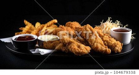 deep-fried chicken strips with barbicuit BBQ sauce on a black background 104679338