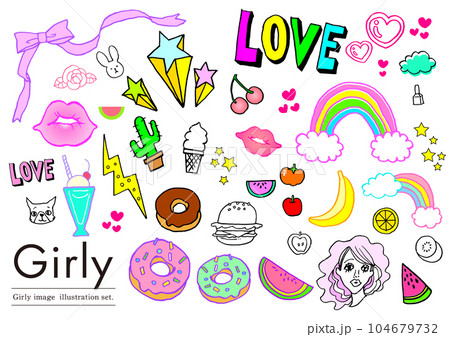 ガーリーイラストセット　手描きイラスト 104679732