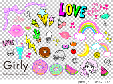 ガーリーイラストセット　手描きイラスト 104679732