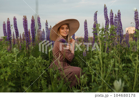 A beautiful woman in a straw hat walks in a field with purple flowers. A walk in nature in the lupin field 104680178