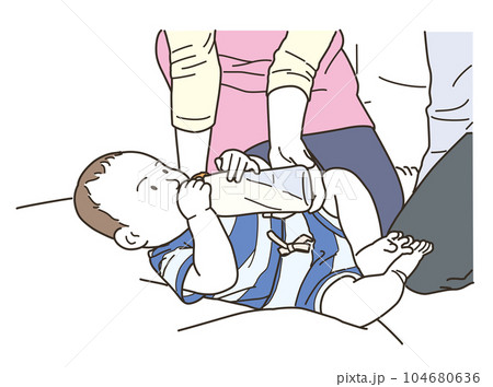 赤ん坊に哺乳瓶でミルクを飲ませる男女 104680636
