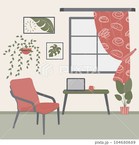 Interior design of the living room with furniture. An armchair, a coffee table, a window with a curtain, a laptop, a cup, a houseplant, paintings on the wall. Interior design of the living room with furniture. An armchair, a coffee table, a window with a curtain, a laptop, a cup, a houseplant, paintings on the wall. 104680689