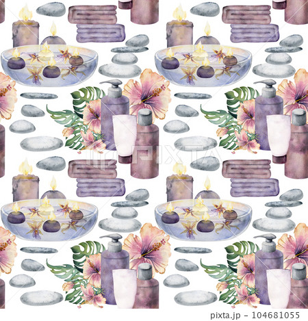 Hand drawn watercolor spa skincare bath beauty bottle and candles products package. Seamless pattern isolated on white background. For wall art, wellness resort, print, fabric, cover, card, booklet. 104681055