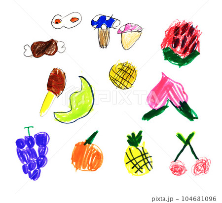 子供が描いたフルーツ果物食べ物、きのこ、目玉焼き 104681096