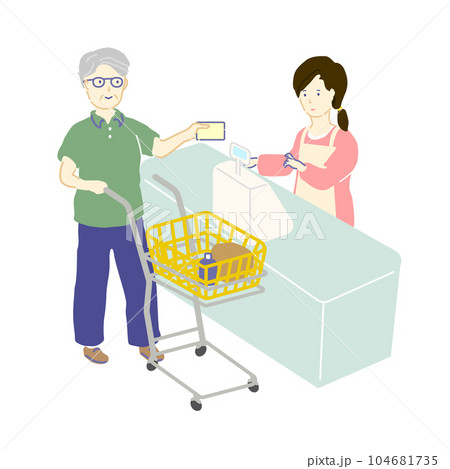 ベクターイラスト：シニア男性　スーパーで買い物する　レジで決済する　カードを提示する 104681735