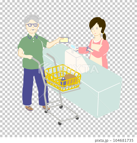 ベクターイラスト：シニア男性　スーパーで買い物する　レジで決済する　カードを提示する 104681735