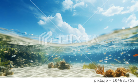 Split underwater view with sunny sky and serene sea Split underwater view with sunny sky and serene sea 104681758